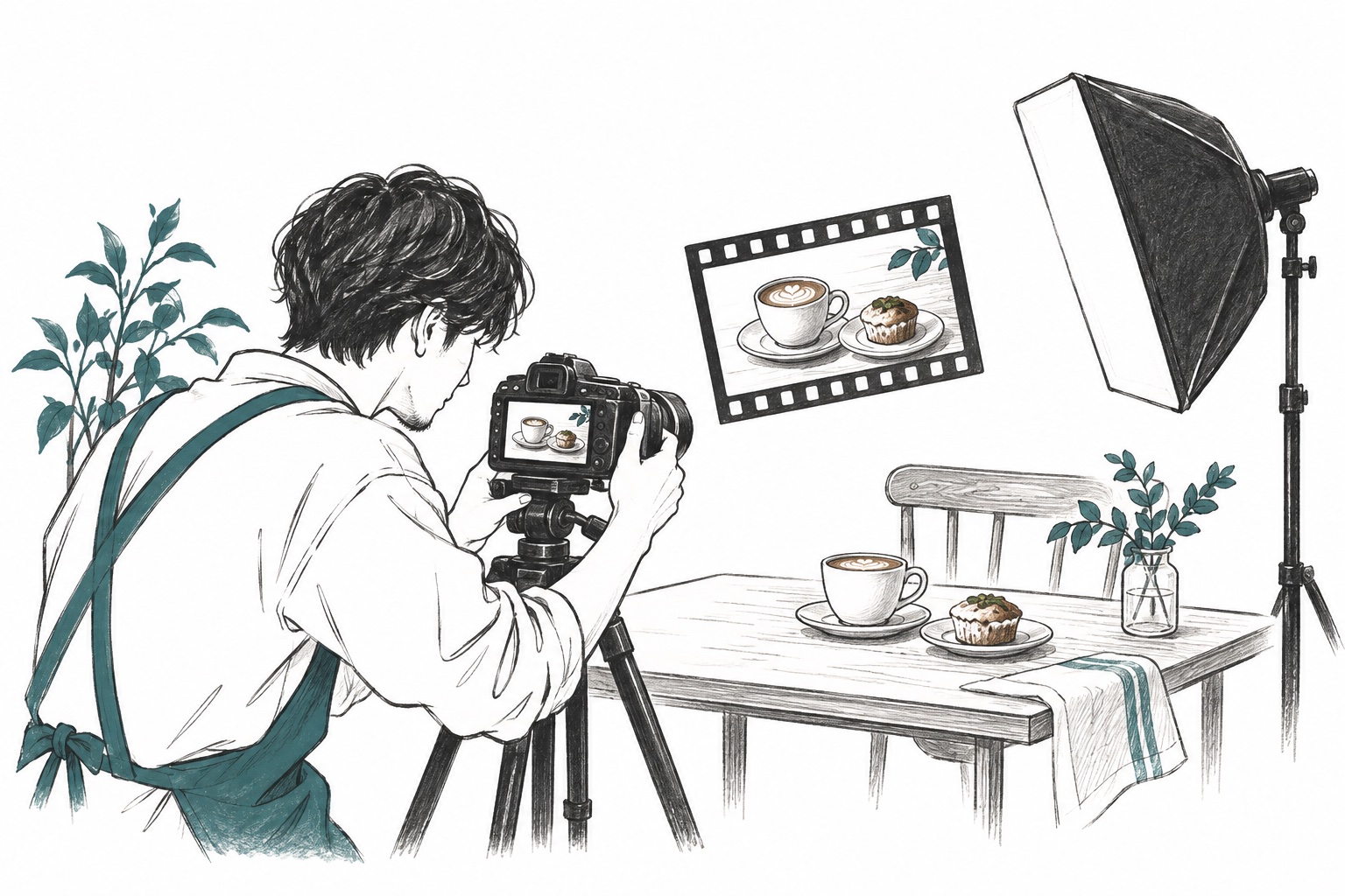 照明を整え、商品を美しく撮影して広告映像をつくるイラスト