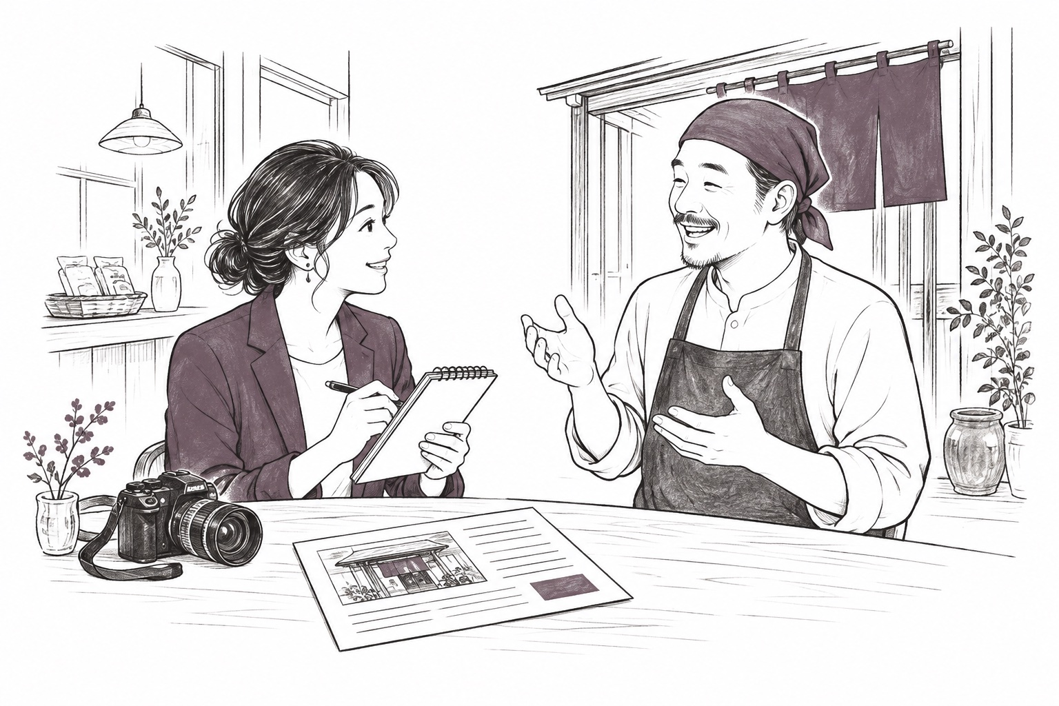 店主の話を聞き、メモと写真で魅力を記事にする取材のイラスト