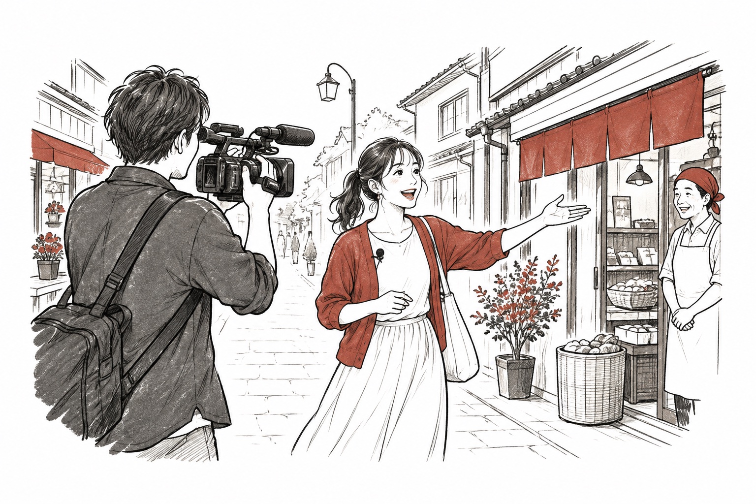 街を歩き、お店や体験を動画で紹介するYouTube撮影のイラスト